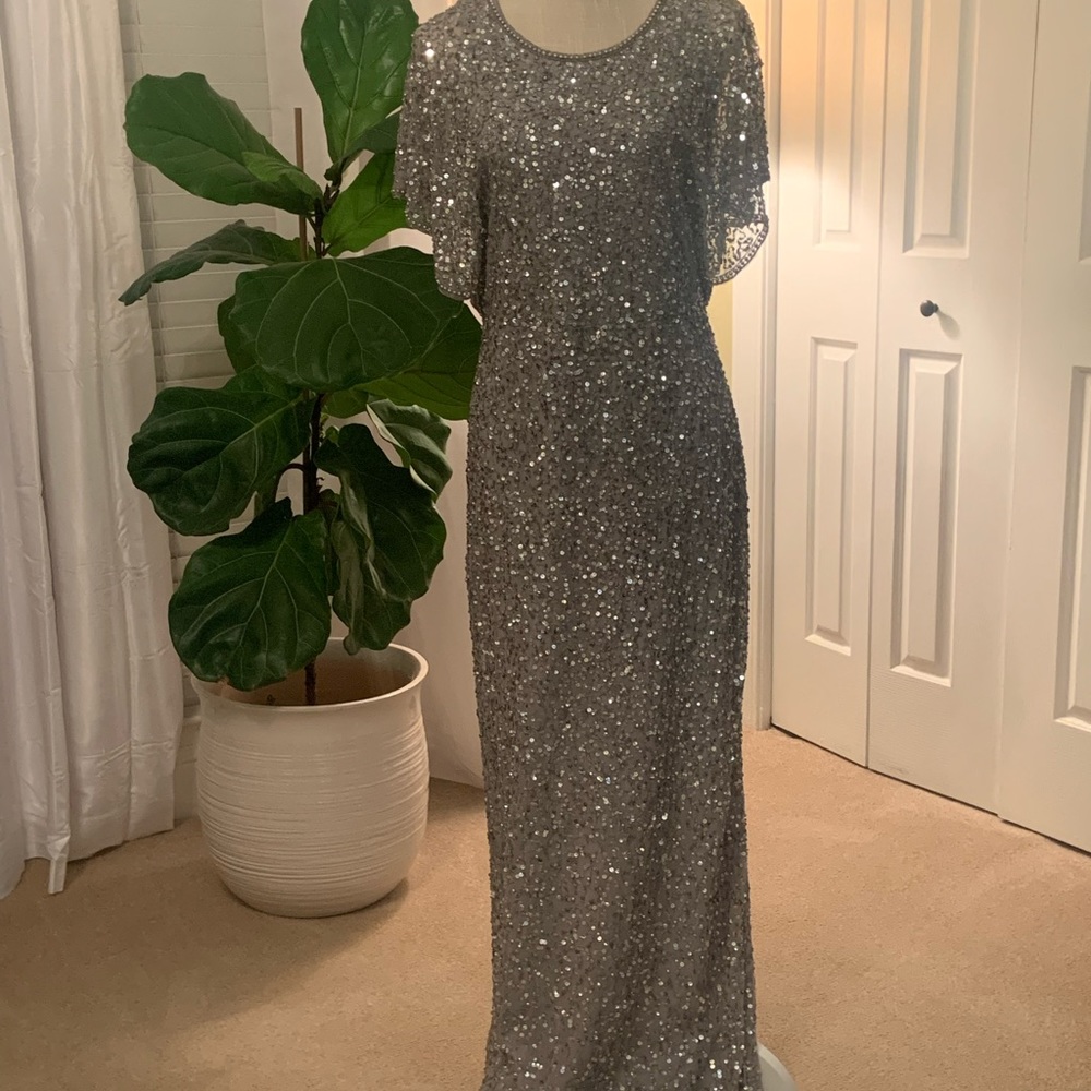 Adriana Pappel silver beaded evening gown
